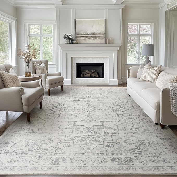 Large Farmhouse Area Rugs 9x12 for Living Room, Distressed Medallion Printed Big Carpet Rugs for Bedroom Under Bed, Washable Non Slip Low Pile Thin Rugs for Dining Room, Off White/Grey