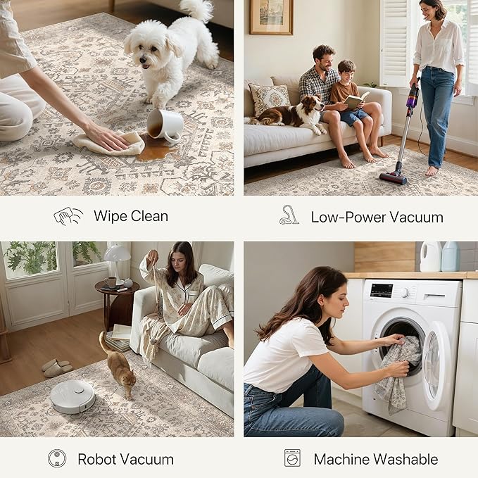 Bavni Washable Entry Rug 2x3, Non Slip Door Mat for Entryway or Kitchen, Vintage Print Low Pile Ultra Thin Indoor Rug, Light Taupe Brown