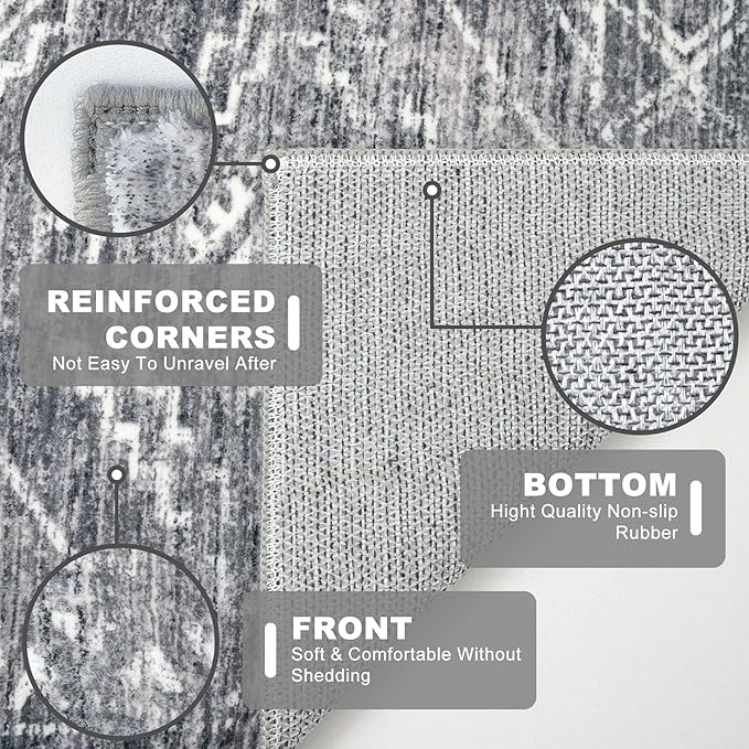 KILOCOCO Boho Kitchen Runner Rug 2x6 Washable Runner Rug Soft Runners for Hallways Non Slip Printed Distressed Laundry Room Rugs, Low-Pile Runners for Entryway Bedroom Living Room, Grey
