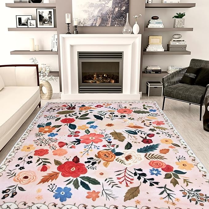 Floral Rug 4x6 Washable Low Pile Living Room Vintage Rug Soft Print Non-Slip Bedroom Carpet for Office Dining Room Home Decor（Pink）