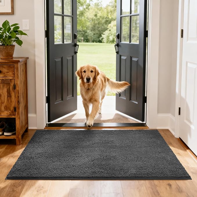 Chenille Absorbent Front Door Mat 48" x 30", Dog Door Mat for Muddy Paws, Dirt Trapper Doormat, Mud Mat for Dogs, Washable Non Slip Outdoor Indoor Doormats for Entryway, Grey