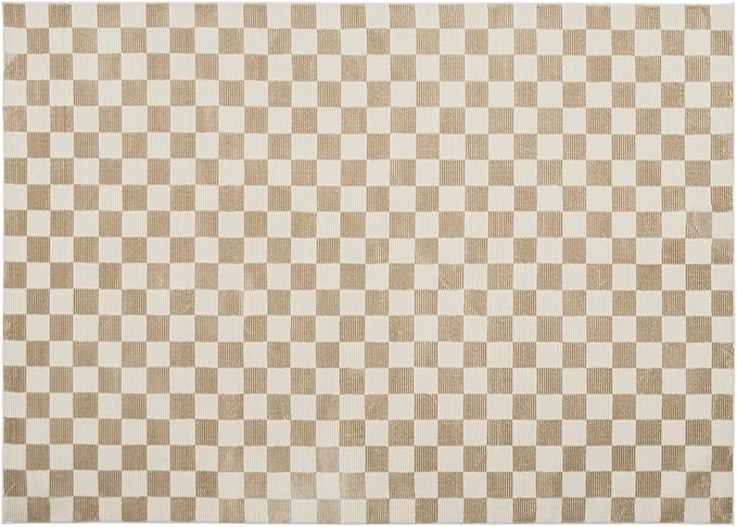 Revival Rugs Gambit 6'7"x9' Checkered Rug Washable Area Rug for Living Room Bedroom - 100% Recycled Oeko-TEX Certified, Medium Pile, Camel, Beige