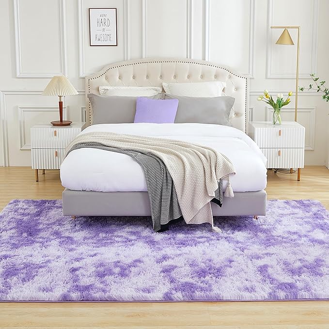 Andency Soft Area Rugs for Living Room Bedroom, 5x8 Fluffy Shaggy Bedside Rug, Non-Slip Large Shag Fuzzy Plush Carpets for Bedroom Kids Dorm Nursery Home Decor Aesthetic, Tie-Dyed Purple