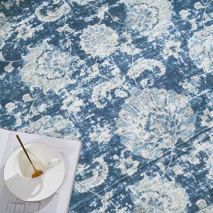 jinchan Fiora Round Rug 7ft Area Rug - Dark Blue Vintage Floor Mat Indoor Ultra-Thin Soft Floral Print - Washable Circle 7' Retro Accent for Farmhouse Non Slip Dining Room Living Room Bedroom Office