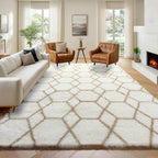 ONASAR Large Living Room Area Rug 6x9, White and Beige Geometric Rugs Floor Mat for Bedroom Home Decor Aesthetic, Soft Fuzzy Shaggy Plush Fluffy Moroccan Carpet for Dorm Classroom Farmhouse
