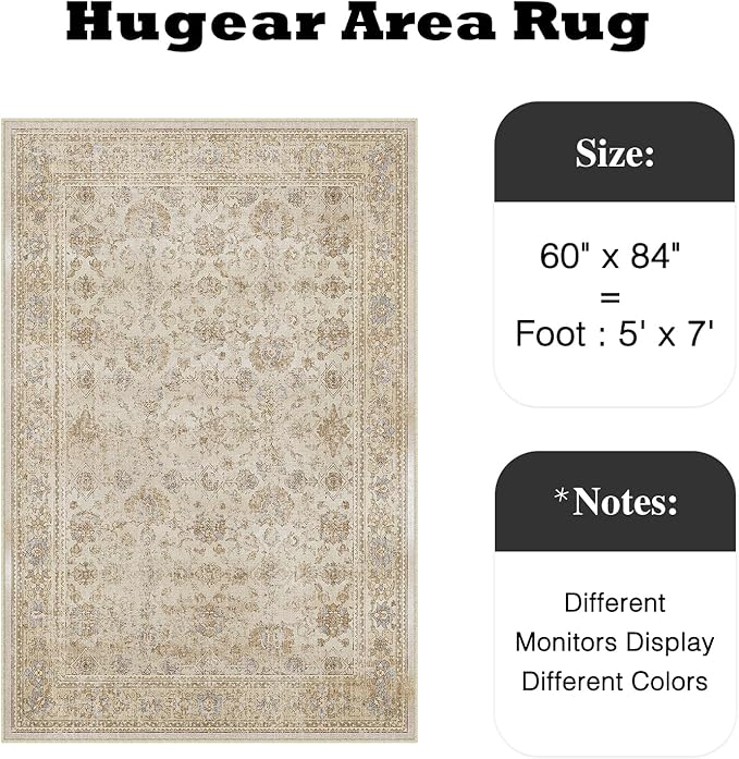 HUGEAR 5x7 Area Rug Beige Vintage Machine Washable Living Room Rugs Distressed Retro Floral Vacuumable Low Pile Carpet Bedroom Office Dining Room Laundry Room Non Slip Soft Lightweight