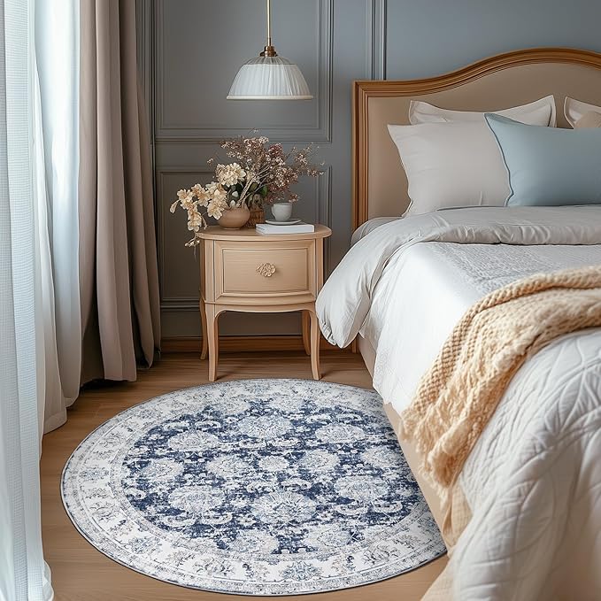 jinchan Fiora Round Rug 6ft Area Rugs Vintage Floral Distressed Design - Machine Washable Non-Slip Low-Pile Ultra-Thin Circle Rug for Entryway Bedside Living Room Bedroom (6' Round, Dark Blue)