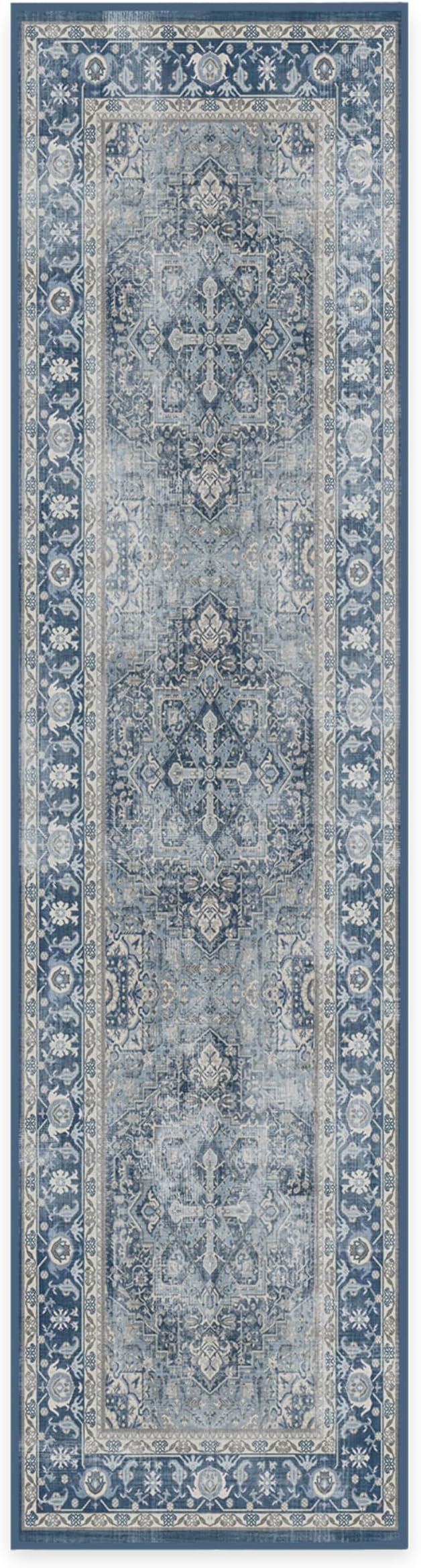 RUGGABLE Washable Vintage Runner Rug – Kamran Admiral Blue 2.5x10, Stain-Resistant, Non-Slip Hallway Runner – Machine Washable Rug for Hallway, Entryway, Living Room & Kitchen – with Cushioned Pad