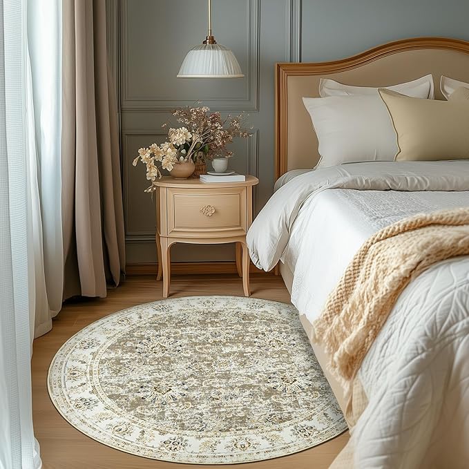 jinchan Fiora Round Rug 6ft Area Rugs Vintage Floral Distressed Design - Machine Washable Non-Slip Low-Pile Ultra-Thin Circle Rug for Entryway Bedside Living Room Dining Room Bedroom (6' Round, Taupe)
