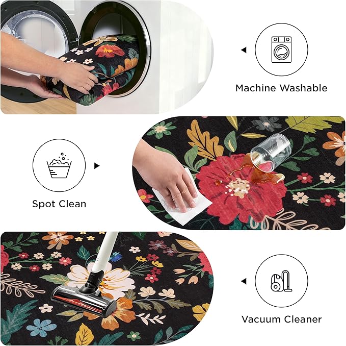 Rug Runners 2x6, Floral Washable Kitchen Rugs for Hallways Area Rugs, Non Slip Long Rug Low Pile Entrance Doormat, Flower Carpet for Kitchen, Entryway Indoor, Bedroom, Bathroom, Laundry, Black