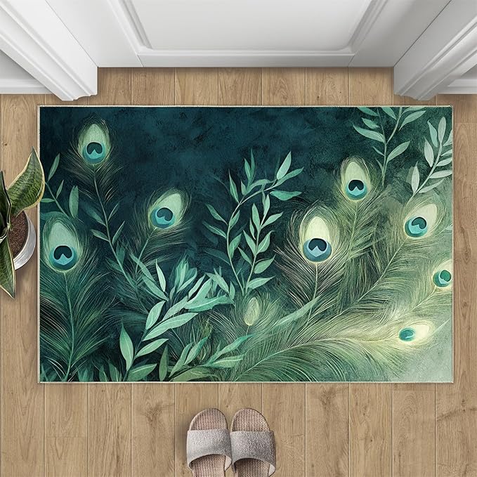 Peacock Feather Rugs for Living Room - 3x4 Rug, Peacock Decor Area Rugs for Bedroom, Teal Turquoise Rug, Plant Washable Carpet, Malachite Green Feather Carpet - Peafowl Home Decor & Gifts