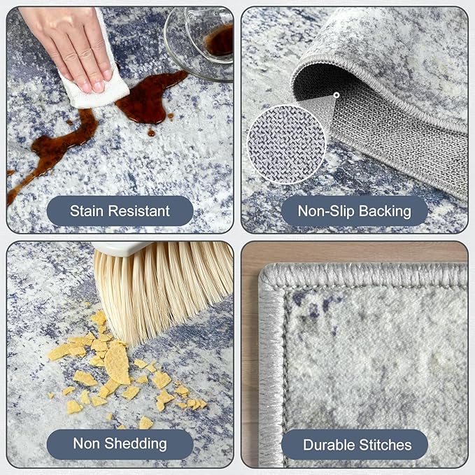 Area Rug for Living Room 10x14 - Extra Large Washable Neutral Modern Abstract Rugs, Soft Carpet with Non Slip Backing for Under Dining Room Table, Bedroom, Home, Office, Dorm - Indigo Gray
