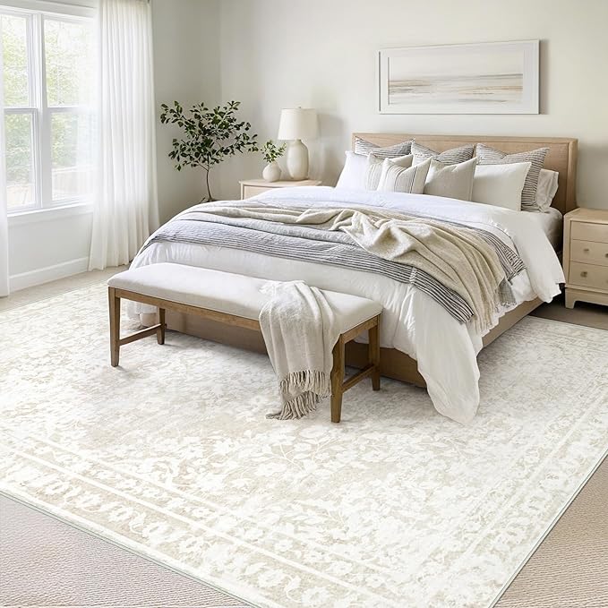 Vintage Living Room Area Rug - 8x10 Large Machine Washable Boho Area Rug Distressed Floral Rugs for Bedroom, Soft Non-Slip Indoor Floor Accent Rugs for Office Dining Room (Cream Beige, 8'x10')