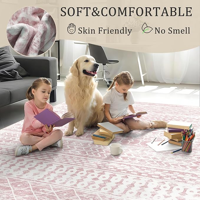 2x3 Machine Washable Area Rug for Entryway, Pink Vintage Moroccan Rug Non-Slip Low Pile Soft Faux Wool Small Carpet, Kids and Pets Friendly for Bedroom Kitchen Hallway Home Decor Rug