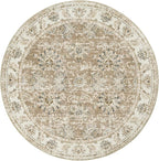 jinchan Fiora Round Rug 4ft Area Rug - Indoor Vintage Hallway Circle 4' Washable - Ultra-Thin Low Pile Soft Small Non Slip Distressed Floral Print for Living Room Dining Room Bedroom Entryway Taupe