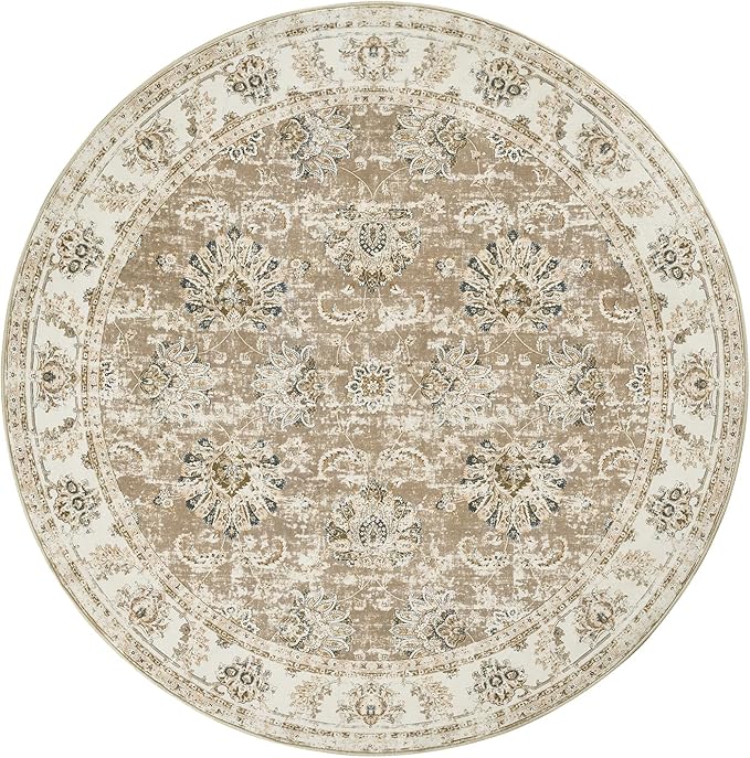 jinchan Fiora Round Rug 6ft Area Rug - Taupe Vintage Floor Mat Indoor Ultra-Thin Soft Floral Print - Washable Circle 6' Retro Accent for Farmhouse Non Slip Dining Room Living Room Bedroom Office