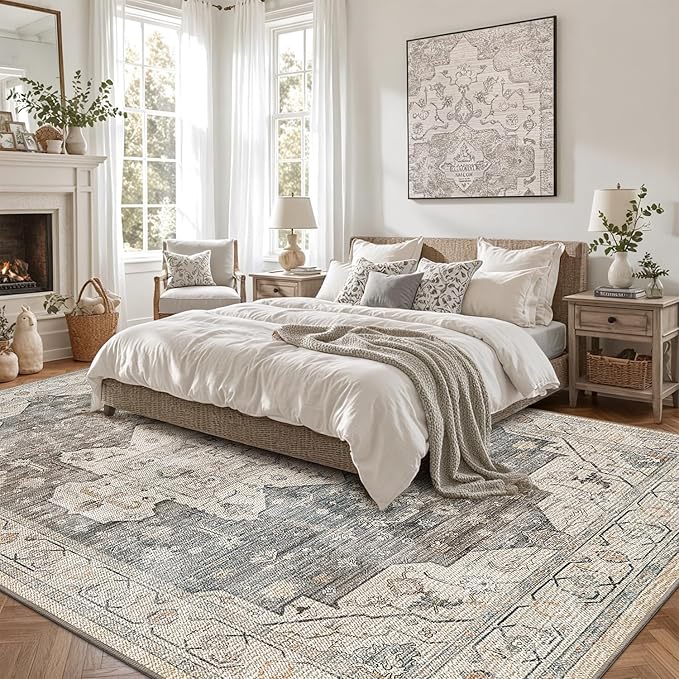 LUMI 8x10 Washable Area Rug for Living Room, Ultra Soft Vintage Rugs with TPE Non Slip Backing, Stain Resistant, Low Profile Carpet High Traffic for Bedroom, Dining Room
