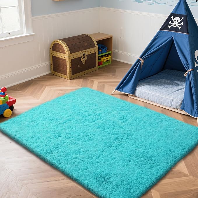 Teal Blue Rug Fluffy Rug, 6x9 Teal Area Rugs for Living Room, Soft Cute Baby Play Mat, Teal Rugs for Bedroom, Nursery, Preppy Dorm, Plush Aesthetic