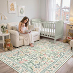 Lahome Boho Rugs for Living Room 5x7, Machine Washable Area Rugs Non-Slip, Vintage Floral Soft Kids Bedroom Carpet Rug for Home Girls Playroom Foyer Entryway, Beige/Multi