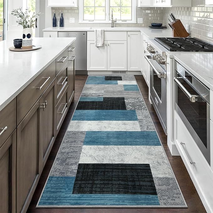 Indoor Runner Rug, Washable Runner Rug with Rubber Backing, Modern Geometric Patchwork Aesthetic Carpet for Bedroom, Living Room, Hallway, Entryway, Washable Rug Rockwood Collection, 2x6 Ft Blue