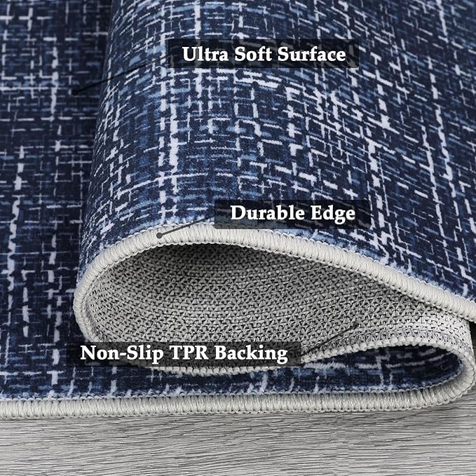 RUGSREAL Washable Rug 10x13 for Living Room Modern Abstract Area Rug Non-Slip Large Contemporary Bedroom Rug Stain Resistant Aesthetic Accent Floor Carpet Foldable Solid Rug for Home Office, Blue