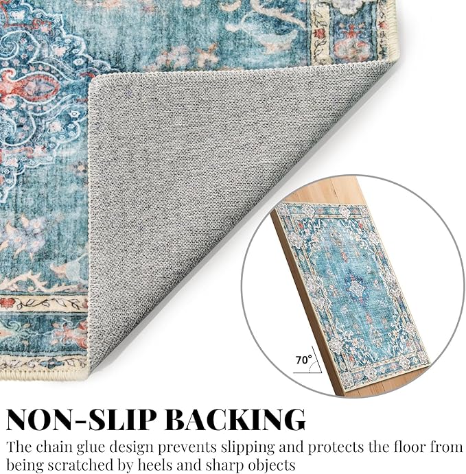 MUJOO Teal Rug 6'x9' Area Rugs for Living Room Washable Rugs Large Boho Carpet for Bedroom Dining Room Neutral Vintage Farmhouse Abstract Non Slip Soft Floral Blue Flowers Colorful
