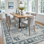 DEXI 8x10 Area Rug for Living Room, Washable Vintage Farmhouse Thin Rug Indoor Floor, Non Slip Stain Resistant Low Pile Carpet for Dining Room Bedroom Office, Blue Grey