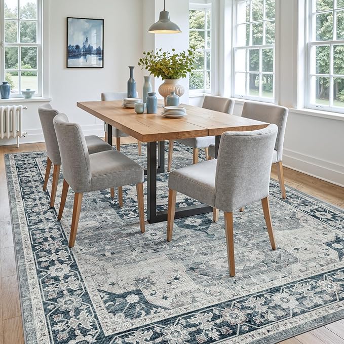 DEXI 5x8 Area Rug for Living Room, Washable Vintage Farmhouse Thin Rug Indoor Floor, Non Slip Stain Resistant Low Pile Carpet for Dining Room Bedroom Office, Blue Grey