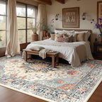 Area Rugs 9'x12' Washable Non-Slip, Floral Vintage Distress Print Pattern Medallion Carpet for Living Room Bedroom Dining Room, Beige Navy Blue Orange Colorful