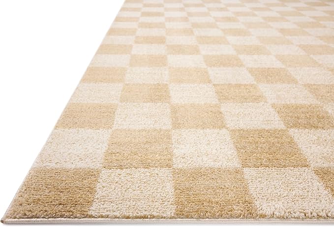 Loloi Chris Loves Julia Calvin Collection CLV-01 Wheat/Ivory 7'-10" x 7'-10" Round Area Rug Checkered Neutral Soft Living Room Bedroom Carpet