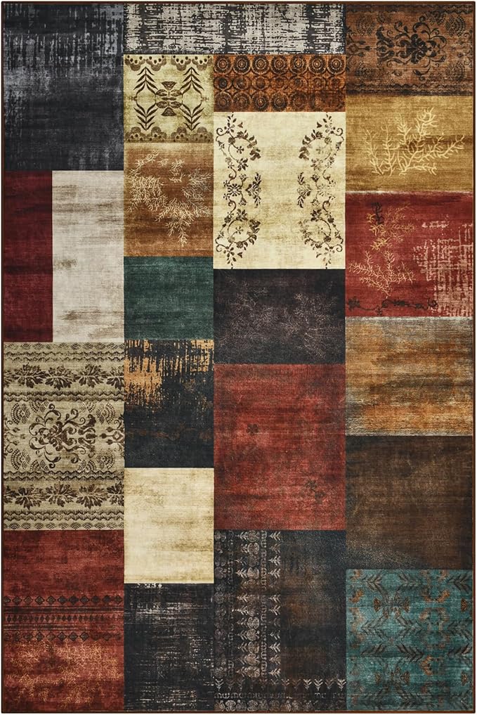 Tepook Modern Area Rug for Living Room, 6x9 Geometric Large Rugs for Bedroom, Washable Patchwork Rug Indoor Non-Slip Throw Carpets for Dining Room Office Farmhouse Home Decor, Multi