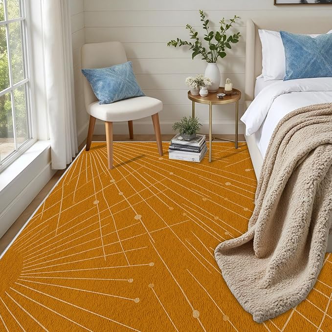 Modern Washable Area Rug 5x8, Boho Minimalist Non-Slip Rugs, Abstract Striped Soft Carpet for Living Room Bedroom Nursery Room Home Decor Office, Pet Friendly, Orange Beige