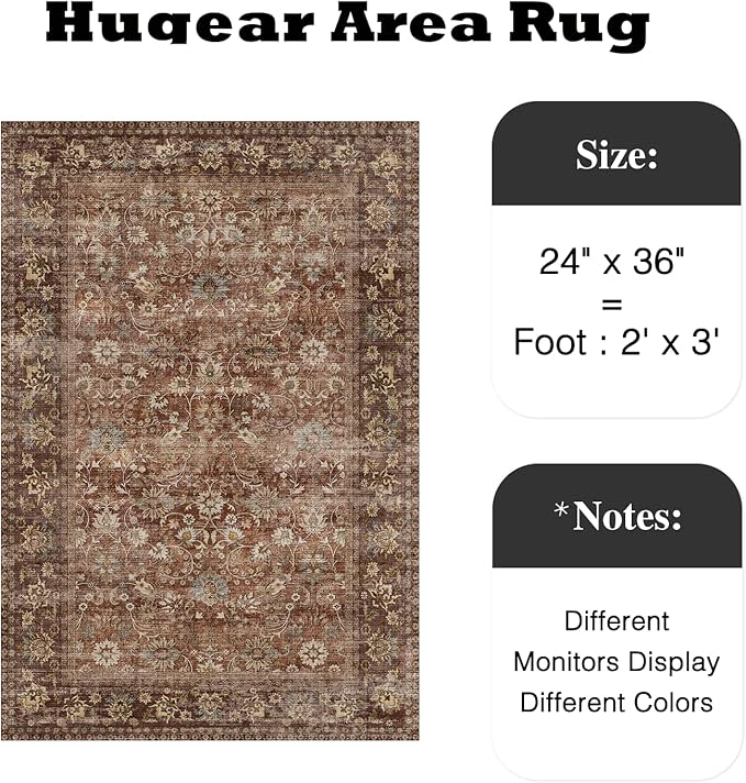 HUGEAR 2x3 Small Rug Machine Washable Area Rug Brick Red Entryway Rugs Entrance Door Mat Indoor Accent Rugs Floral Low Pile Carpet Distressed Throw Rug Kitchen Bedroom Office Non Slip