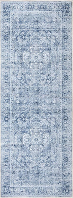 Bloom Rugs Washable Non-Slip 7 ft Runner - Ivory/Denim Blue Traditional Medallion Runner for Entryway, Hallway, Bathroom, and Kitchen - Exact Size: 2.5' x 7'