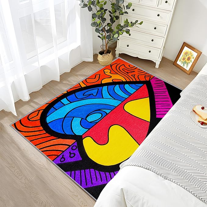 Abstract Rug, Colorful Pop Art Area Rug 6x8, Hippie Aesthetic Funky Low Pile Non Skip Carpets Home Decor #C126