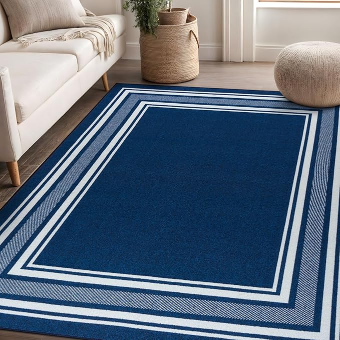 Beverly Rug Non Slip Area Rugs 5x7 Modern Bordered Non Skid Rubber Backing Soft Area Rug for Living Dining Room Easy to Clean Non Shedding Kitchen Bedroom Indoor Carpet 5 x 7 Navy