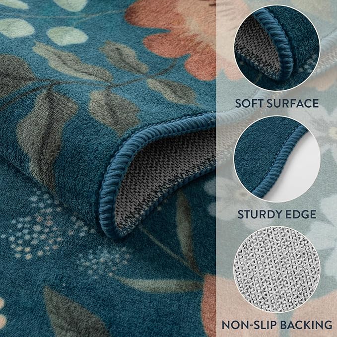 Lahome Floral Washable Runners for Hallways, 2x5 Kitchen Runner Rug Ultra-Thin, Non-Slip Stain Resistant Boho Low-Pile Carpet Runner for Bathroom Bedroom(2x5ft,Navy Blue)