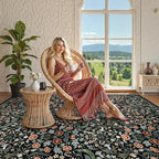 Lahome Floral 8x10 Black Rugs for Living Room, Soft Washable Large Area Rug for Bedroom Dining Room, Botanical Lightweight Stain-Resistant Boho Carpet for Guestroom Indoor