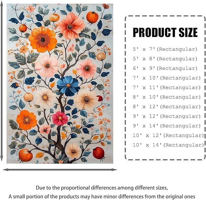 9x14 Colorful Flower Area Rugs, Floral Vintage Large Rugs, Floral Rugs, Botanical Rug, Washable Boho Botanical Non Slip Carpet for Living Room, Bedroom, Kids Room