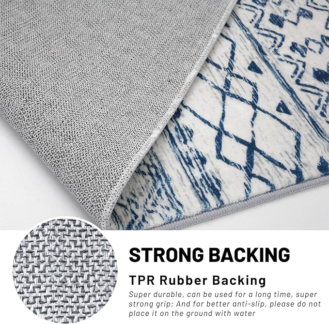 KUTA Moroccan Area Rugs, 2x3 Blue White Entryway Rug Non-Slip Washable Small Indoor Door Mat, Ultra Soft Print Vintage Distressed Geometric Low-Pile Floor Carpet for Entrance Kitchen