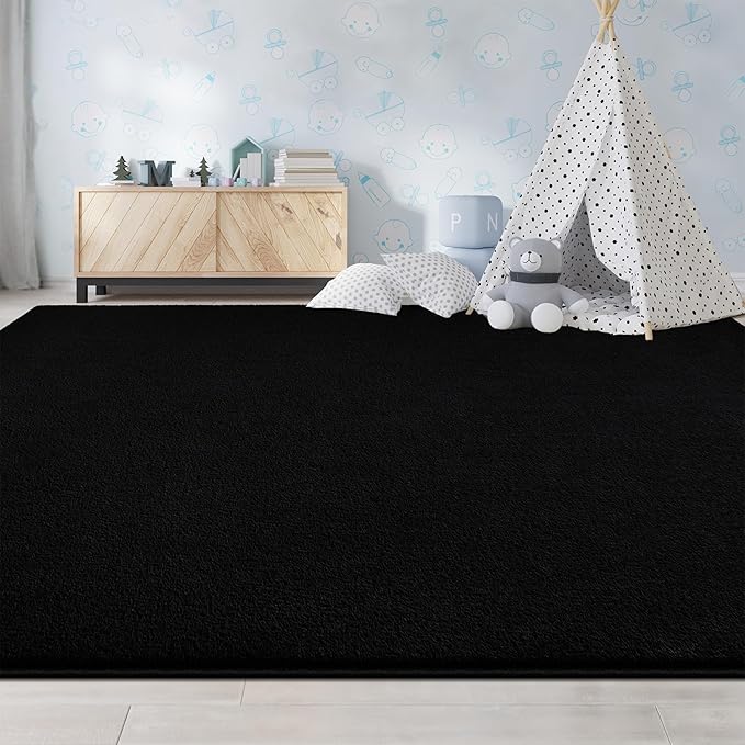 Large Area Rugs for Living Room Bedroom, 5x8 Feet Black Rug, Minimalist Modern Shag Rug, Soft Thick Comfy Memory Foam Indoor Carpet, Non-Slip Washable Rug for Boys Girls Dorm Nursery Room Home Decor
