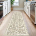 Hallway Runner Rug, Beige Tan White Washable Runner Rug 2x8 Vintage Floral Neutral Kitchen Rug Runner Non Slip Thin Printed Faux Wool Super Soft Carpet for Entryway Bedroom Laundry Room Indoor