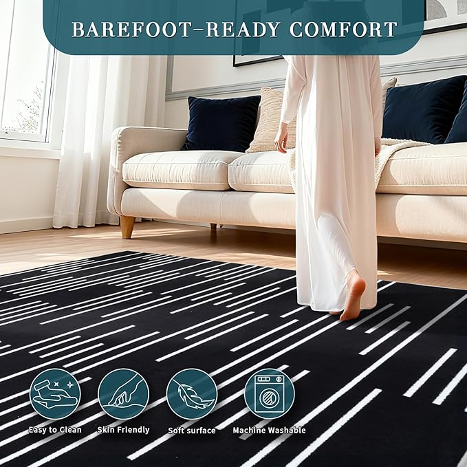 YIHOUSE Abstract Washable Rug 8x10,Ultra Thin Non Slip Black Rugs for Living Room,Modern Minimalist White Stripe Rugs for Bedroom,Dining Room Office Playroom (8'x10',Black-3)