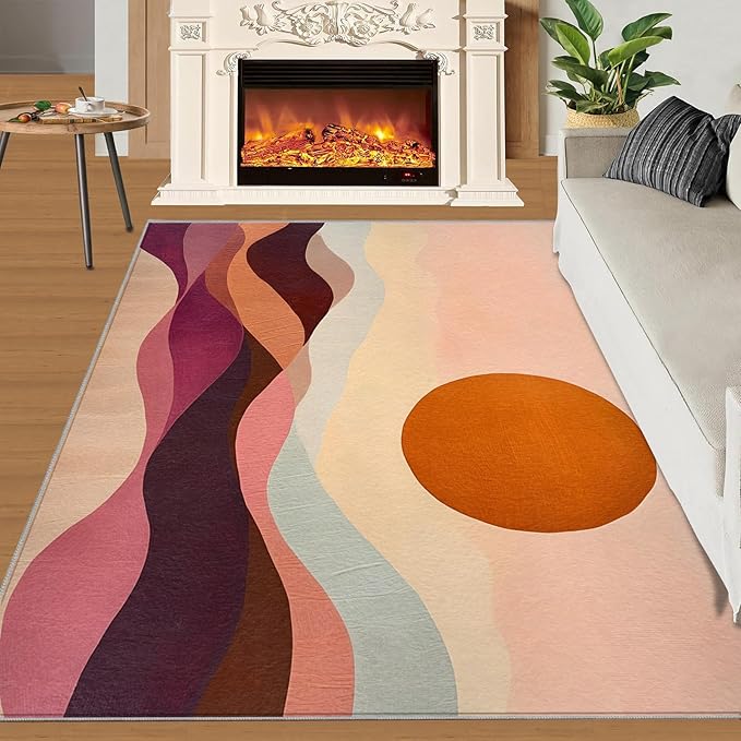 Boho Sun Area Rugs 4x6ft, Minimalist Line Carpet for Bedroom, Geometric Solar Rug for Living Room Easy to Clean for Indoor Outdoor Hardwood Floors Home Decor