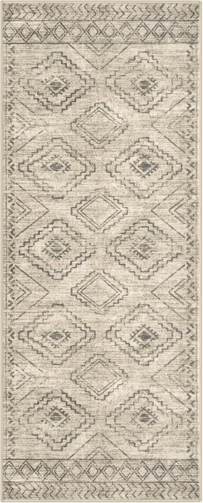 KILOCOCO Boho Kitchen Runner Rug 2x5 Washable Runner Rug Soft Runners for Hallways Non Slip Printed Distressed Laundry Room Rugs, Low-Pile Runners for Entryway Bedroom Living Room, Beige/Gray/Green