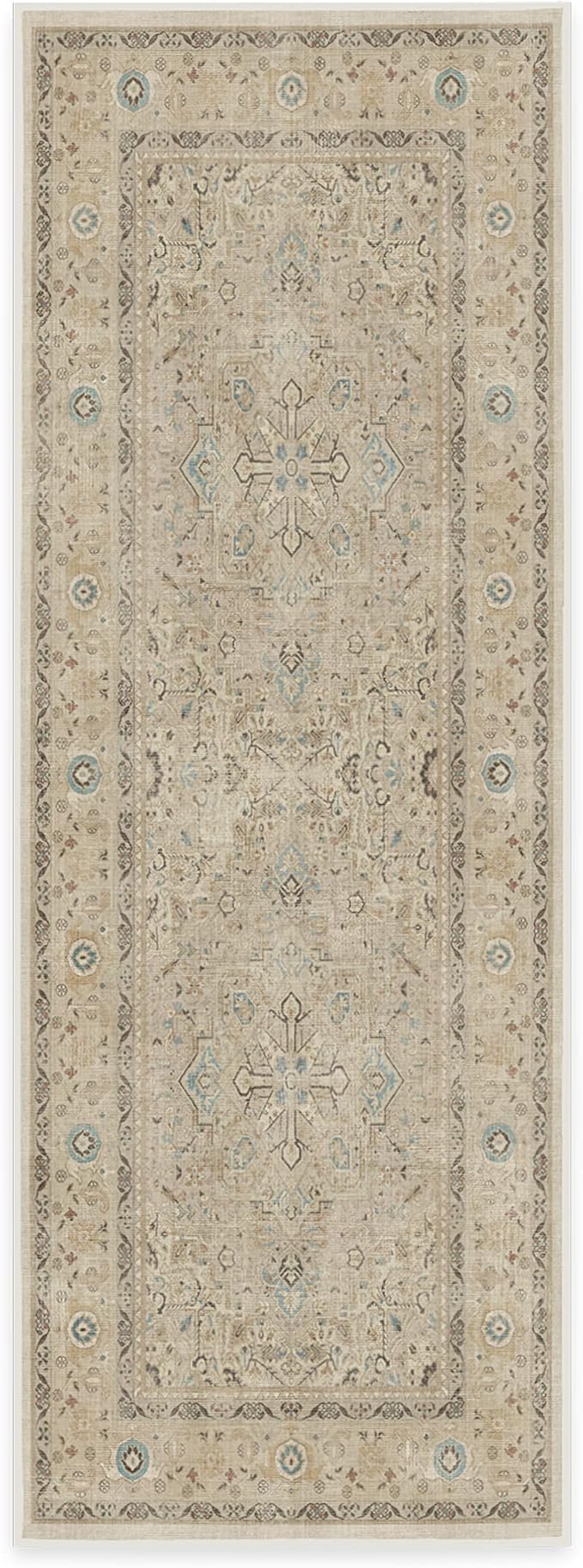 RUGGABLE Washable Vintage Runner Rug – Kamran Ivory Opal 2.5x7, Stain-Resistant, Non-Slip Hallway Runner – Machine Washable Rug for Hallway, Entryway, Living Room & Kitchen – with Standard Pad
