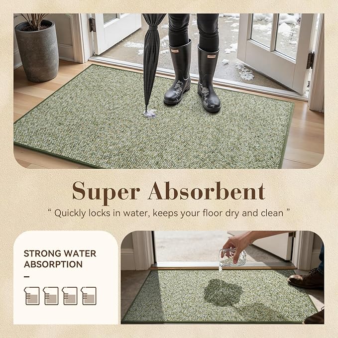 MontVoo Door Mat Indoor Entrance Doormat, Absorbent Durable Rubber Non Slip Front Door Mat for Inside Entry Entryway Dirt Trapper Welcome Mat, Green 24''x36''