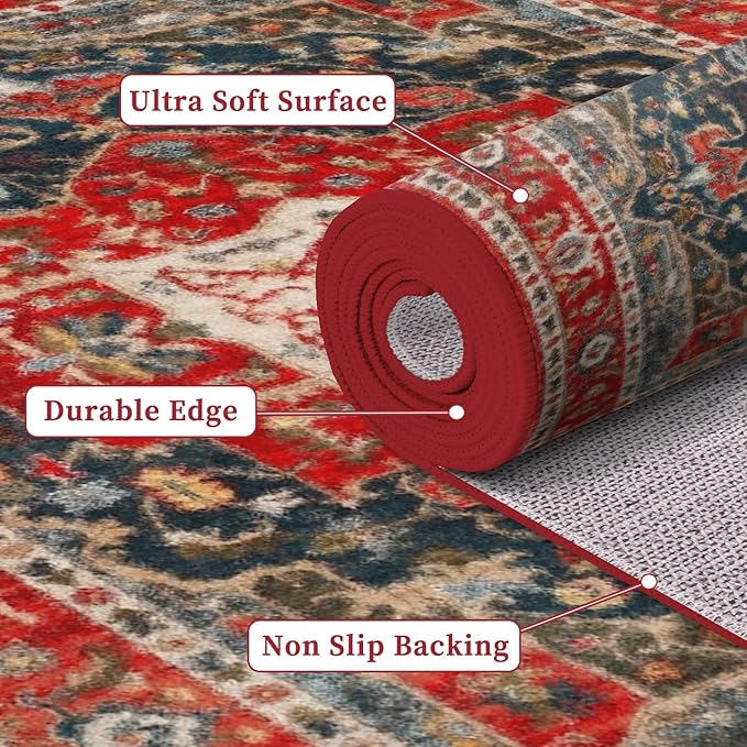 Enkor Runner Rugs for Hallway, 2.6x13 Washable Soft Boho Non Slip Floor Rugs for Kitchen, Modern Mat for Living Room Bedroom Entryway Red & Blue