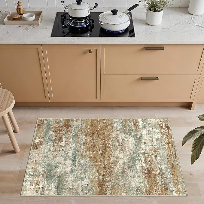 GENIMO 2x3 Rugs for Entryway, Washable Bathroom Kitchen Rugs Non Slip, Modern Abstract Soft Small Area Rug Indoor, Low Pile Throw Carpet, Orange Green