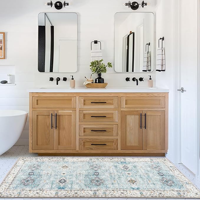 ReaLife Rugs Machine Washable Area Rug Runner - Living Room Bedroom Bathroom Kitchen Entryway Office - Padded Low Pile Stain Resistant Premium - Boho Farmhouse Vintage - BEV - Blue Ivory 2'6" x 6'